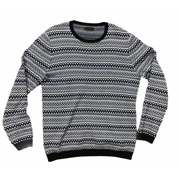 ASOS Mens Sweater Large Blue White Geometric Crewneck Long Sleeve Cotton - Picture 1 of 11
